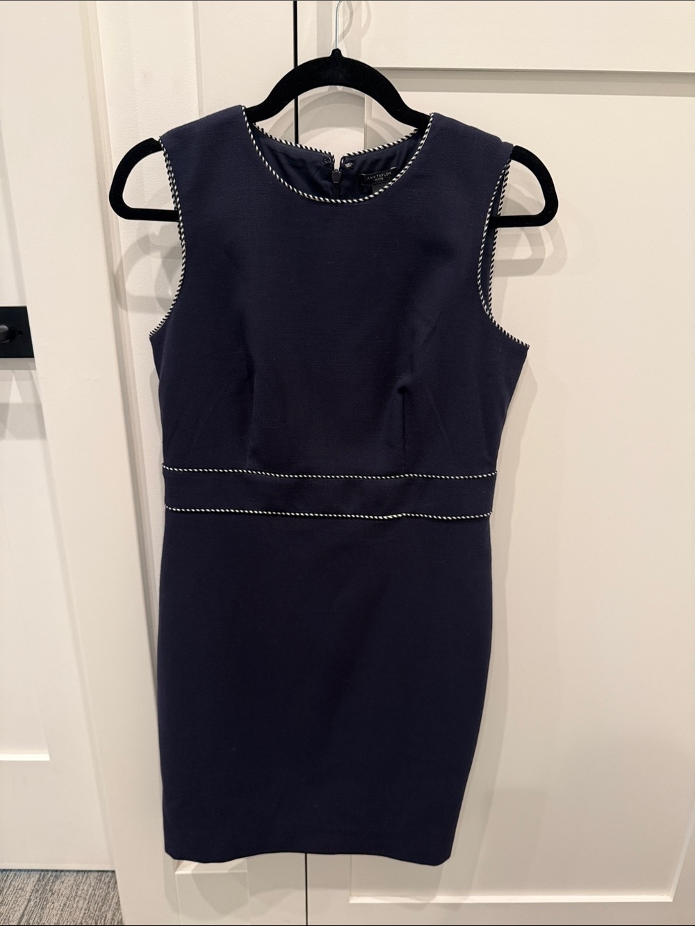 Ann Taylor Navy Sheath Dress with White Trim